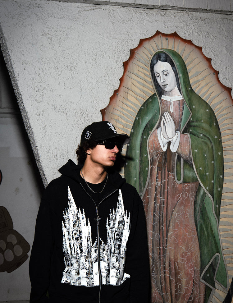“Obituary” cross zip hoodie