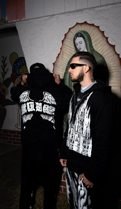 “Obituary” cross zip hoodie